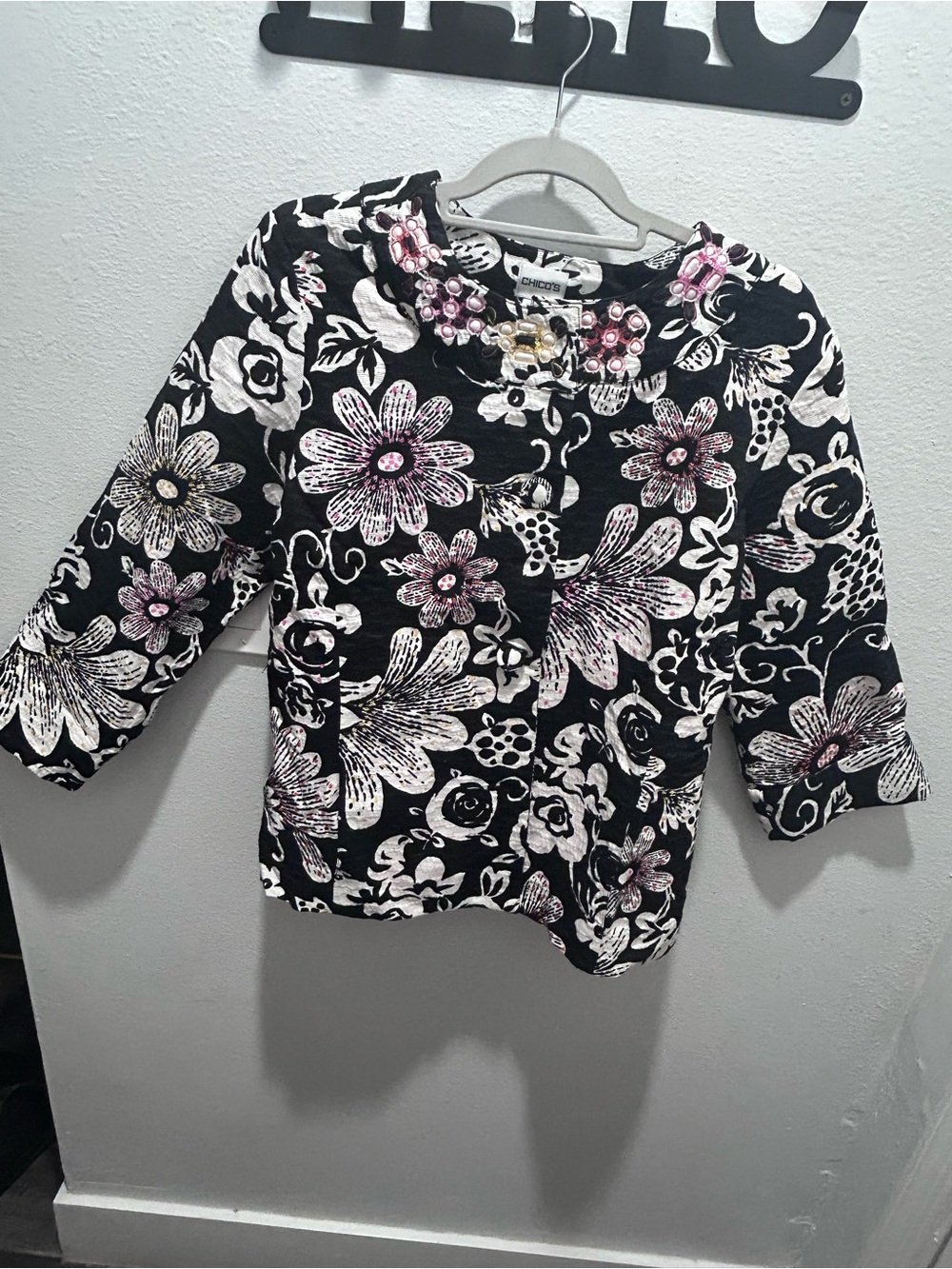 Chico's Black Floral Jeweled Neck Jacket with Pink & White Accents